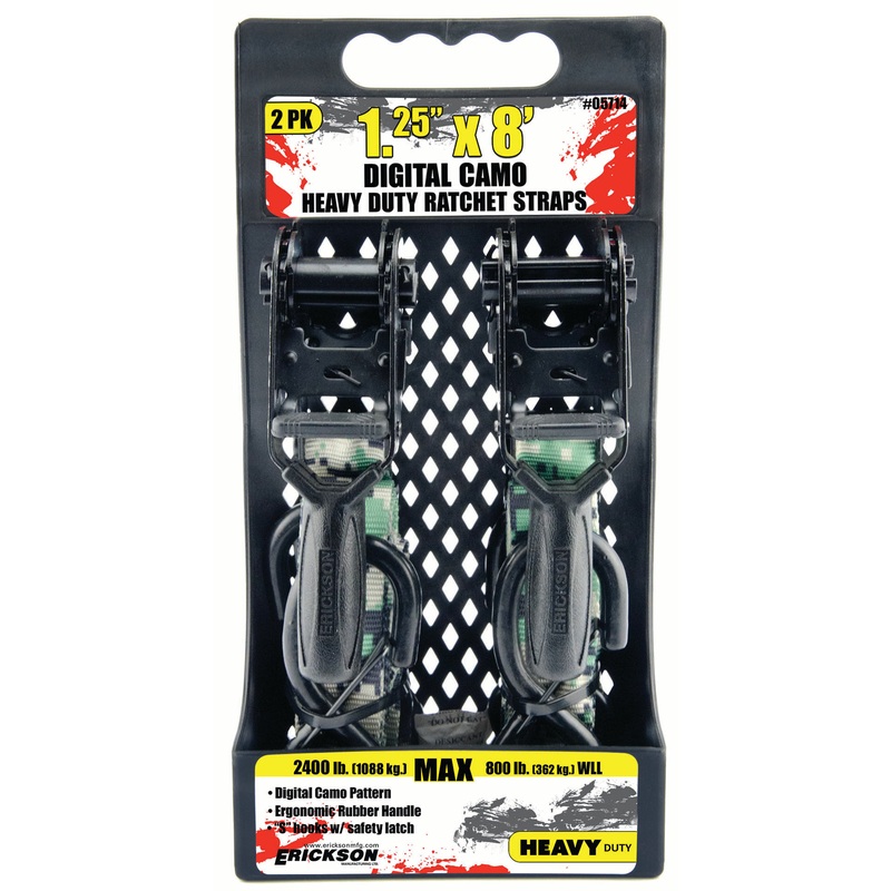 Erickson (447) 05714 2 Pk. 1.25" x 8' 2400 lb Ratchet w/Built in Soft Tie, 'S' Hks w/ Keeper All Blk Hdwe, Digital Green CAMO