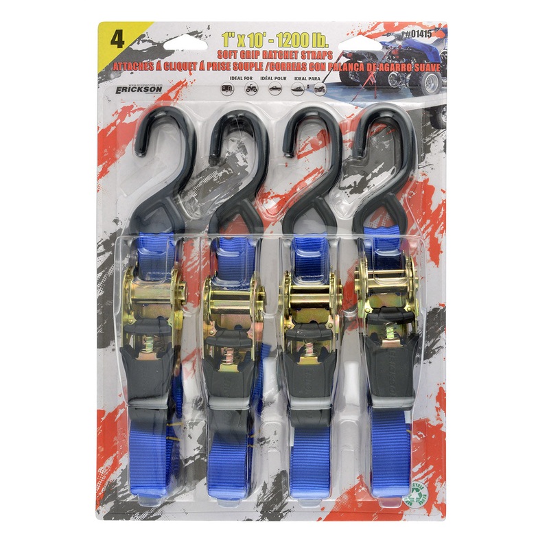 Erickson 01415 4 Pk. 1"x10' 1200 lb Rubber Handle Ratchet Straps
