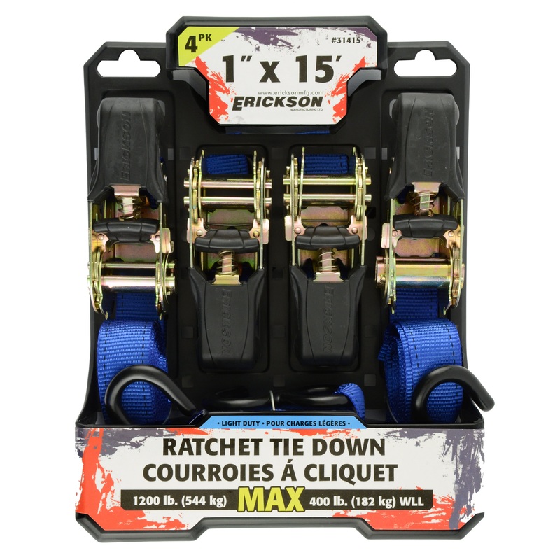 Erickson 31415 4 Pk. 1"x15' 1200 lb Ratcheting Tie Downs Blue